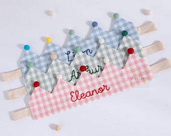 Custom Name 1st Birthday Crown • Berry Sweet One • Hand Embroidered Linen Keepsake, Berry First Birthday Crown • Gingham Birthday