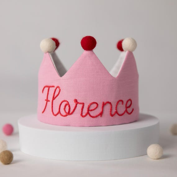 Hand Embroidered Linen Berry Birthday Crown: Custom Name Embroidered Birthday Crown | Berry Birthday Crown | Traditional 1st Birthday Crown