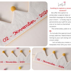 K&ouml;nnte beinhalten: Wei&szlig;es Stoffkr&ouml;nchen mit gelben Pompons und rotem, gesticktem Text "02 - November - 2024". Die Krone hat einen gewellten Rand und ist wahrscheinlich f&uuml;r einen Kindergeburtstag oder einen besonderen Anlass.