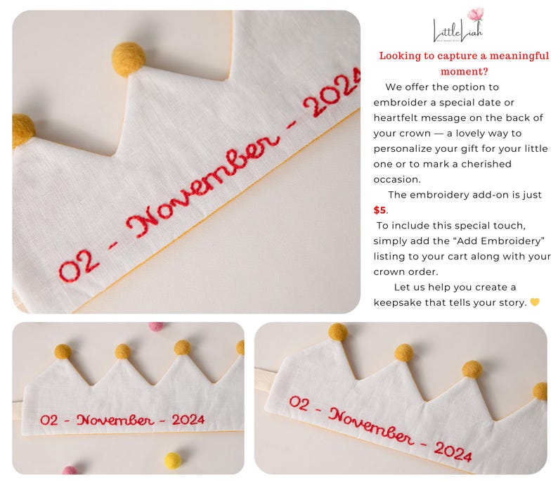 K&ouml;nnte beinhalten: Wei&szlig;es Stoffkr&ouml;nchen mit gelben Pompons und rotem, gesticktem Text "02 - November - 2024". Die Krone hat einen gewellten Rand und ist wahrscheinlich f&uuml;r einen Kindergeburtstag oder einen besonderen Anlass.