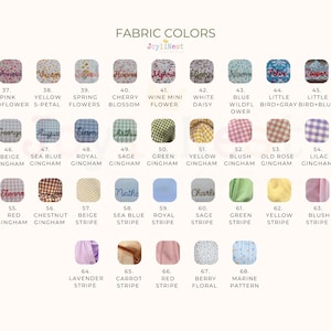 K&ouml;nnte beinhalten: Eine Stofffarbkarte zeigt verschiedene Muster und Farben, darunter Blumenmuster, Vichy-Karo und Streifen. Die Karte enth&auml;lt Namen wie "Pink Wildflower", "Sea Blue Gingham" und "Berry Floral". Der Text "JoyliNest" befindet sich oben.