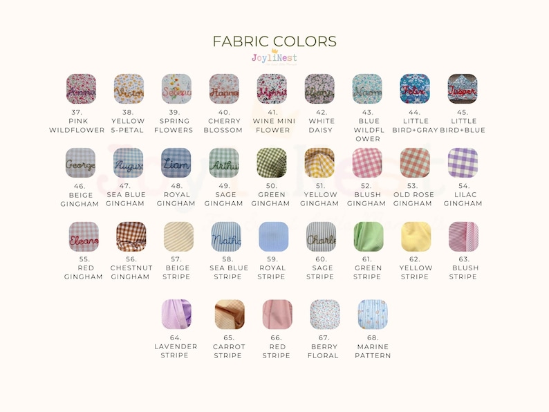 K&ouml;nnte beinhalten: Eine Stofffarbkarte zeigt verschiedene Muster und Farben, darunter Blumenmuster, Vichy-Karo und Streifen. Die Karte enth&auml;lt Namen wie "Pink Wildflower", "Sea Blue Gingham" und "Berry Floral". Der Text "JoyliNest" befindet sich oben.