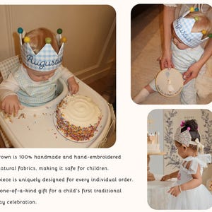 Handbroderad linnebärsfödelsedagskrona med eget namn, traditionellt första huvudbonad för småbarnsfirande bild 2