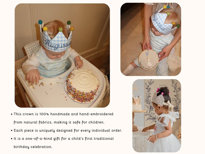 Handbroderad linnebärsfödelsedagskrona med eget namn, traditionellt första huvudbonad för småbarnsfirande bild 2