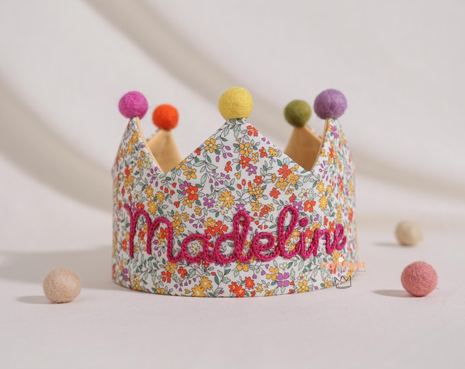 Hand Embroidered Linen Birthday Crown, Personalized Keepsake for Kids
