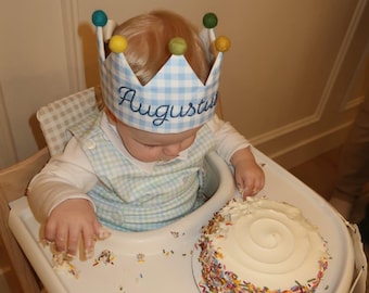 Couronne en lin brodée à la main pour anniversaire d'enfant et enfant, Cadeau personnalisé | souvenir pour votre premier anniversaire | 1ère couronne vichy