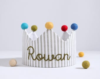 Couronne d'anniversaire en lin brodée à la main, chapeau Safari Cake Smash, cadeau personnalisé pour enfants