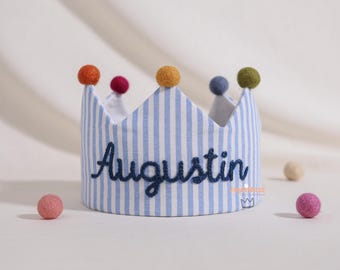 Personalized Woodland Boy Birthday Crown, Blush Stripe Custom Name Toddler Crown, Handmade Fabric First Birthday Keepsake.