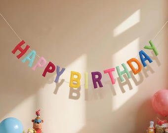Colorful Felt Happy Birthday Banner, Rainbow Pompom Garland, Kids Party Decor