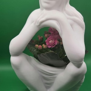 Könnte beinhalten: Eine weiße Skulptur einer sitzenden Figur mit geschlossenen Augen, die einen kleinen Topf mit rosa Blumen hält. Die Figur hat lange Haare und spitze Ohren und ist mit verschränkten Armen und angezogenen Beinen posiert. Die Skulptur steht vor einem grünen Hintergrund.