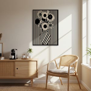 Póster floral a rayas, arte mural abstracto en negro y beige, obra de arte minimalista enmarcada o enrollada, lienzo botánico moderno para el hogar.