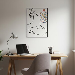 Stampa artistica con linee minimali incorniciate, poster astratto di un bacio, moderna arte murale femminile per camera da letto, ufficio o ingresso - Illustrazione di labbra audaci