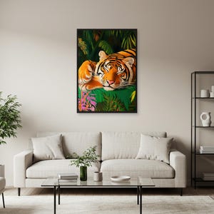 Arte mural de tigre en la jungla: póster colorido de animales, impresión relajada de un gran felino, obra de arte de safari tropical audaz para una decoración inspirada en la naturaleza para el hogar o la oficina.