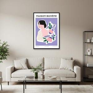メゾン・ボエーム パステルウォールアート – 花のアクセントが効いたミニマルなフランス人女性のイラスト、柔らかなモダンポスター、アート愛好家へのボヘミアンギフト