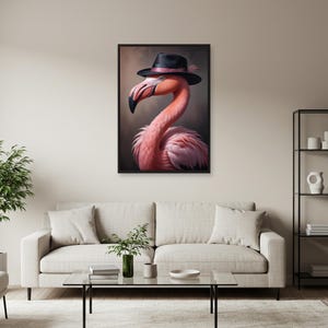 Arte mural de flamenco con sombrero: impresión de retrato animal caprichoso, divertido póster de pájaro rosa para una decoración elegante, un regalo genial para amantes de los animales y el arte.