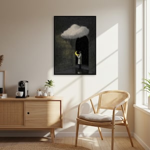 Póster de luna lluviosa, arte mural surrealista y onírico, impresión de concepto oscuro, póster de cielo nocturno emotivo, arte minimalista para dormitorio, regalo para pensadores.