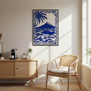 Tropische Insel Wandkunst, gerahmtes Ozeanplakat, blauer weißer Küstendruck, Strandwohndekor, nautische Kunst, Sommerraumkunst Geschenkidee