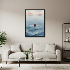 Arte mural de un barco solitario en aguas tranquilas: impresión minimalista de un océano azul con una canoa roja, póster de un paisaje marino tranquilo, un regalo sereno para interiores tranquilos.