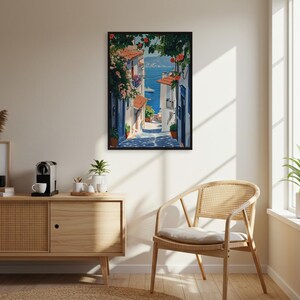 Arte mural enmarcado de calle mediterránea, póster costero griego, obra de arte de callejón costero azul y blanco, decoración de casa de playa, regalo para ella