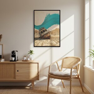 Poster astratto di nave nel deserto, stampa d'arte surreale moderna, decorazione da parete con cornice, illustrazione minimalista, opera d'arte con pennellate blu