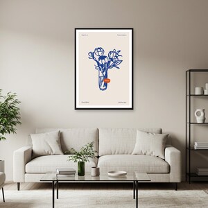Póster de boceto floral: estampado floral de líneas azules con detalles en naranja, arte botánico minimalista inspirado en Barcelona, regalo para amantes del arte.