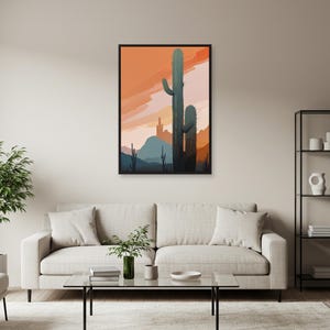 Wüsten Kaktus Sonnenuntergang Poster - Minimalistische Landschaftskunst des Südwestens in Pastelltönen, ruhiger Wanddruck für Boho Häuser und Naturliebhaber