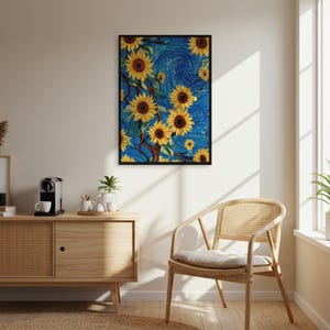 Póster de cielo estrellado con girasoles, arte mural estilo Van Gogh enmarcado o enrollado, estampado de flores amarillas, marco de madera azul noche, decoración colorida.