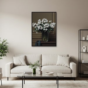 Arte mural con ramo de margaritas: impresión clásica de bodegón con flores blancas en un jarrón de cristal, elegante póster botánico para la cocina o un acogedor regalo para el interior.