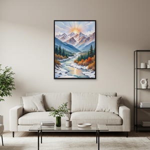 Arte mural con paisaje de río y montaña: escena natural serena con nieve, pinos y picos. Póster relajante para decorar cabañas o espacios acogedores.