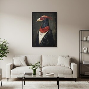Arte mural de aves victorianas: impresión de retrato animal caprichoso, póster de pájaro elegante y divertido, pájaro disfrazado de estilo vintage para una decoración ecléctica.