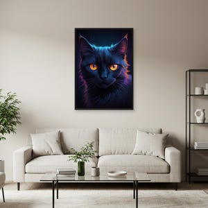 Schwarze Katze Wand Kunst Druck – Neon Style Leuchtende Augen Feline Portrait, mystisches digitales Tier Poster, Witchy Home Decor oder Geschenk für Katzenliebhaber