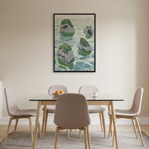 Impresión de ilustración de roca oceánica, póster de olas de estilo japonés, arte mural de naturaleza costera, arte acuático sereno, decoración minimalista de paisaje marino
