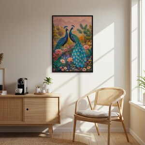 Pfau Garten Wandkunst, Bunter Vogel Poster, Gerollt oder gerahmt Naturdruck, Lebendiges Blumentier Dekor, Holzrahmen Geschenk für Zuhause
