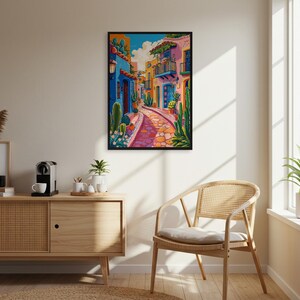 Bunte Straßen Wandkunst, Mexiko Dorf Druck, gerahmtes Poster, gerollte Dekoration, helle Reisekunst, Sommer Vibe, gemütliche Gassenszene