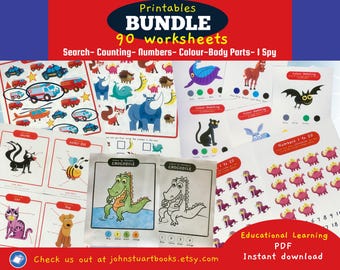 May include: A bundle of 90 printable worksheets for educational learning. The worksheets include search, counting, numbers, color, body parts, and I Spy activities. The image shows various pages with colorful illustrations of animals, vehicles, and coloring pages.