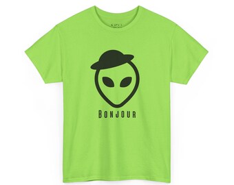 Camiseta unisex "Bonjour de Alien", divertida camiseta gráfica, original, ropa informal, regalo para amantes de la ciencia ficción, francófilos, franceses, extraterrestres y del espacio.