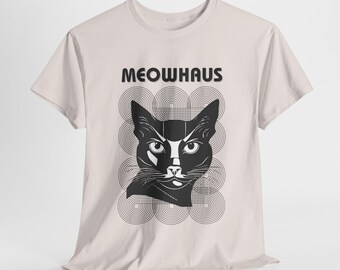Camiseta de gato Meowhaus: inspirada en la Bauhaus, informal, para amantes de los gatos, divertida, para mascotas, regalo para dueños de gatos, ropa moderna para gatos.