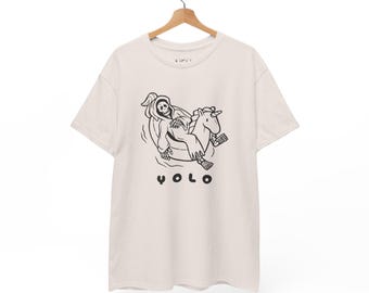 YOLO Skeleton Unicorn Float T-Shirt: Fun Summer Attire, Skeleton Apparel, Casual Summer Wear, You Only Live Once, Funny Tee, Unicorn Tee
