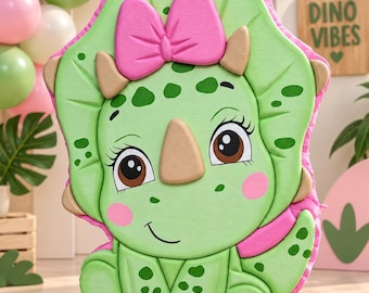Handmade Girl Triceratops Piñata, Pink Green Dino Birthday Party Decor