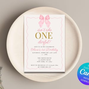 Invitación de primer cumpleaños "Isn't She ONEderful" / Invitación de primer cumpleaños de niña / Plantilla editable / Invitación imprimible rosa / Descarga instantánea