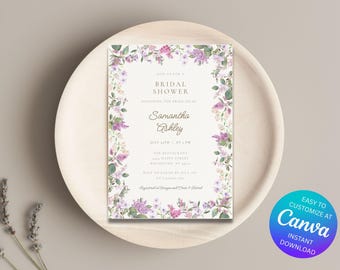 Purple Floral Bridal Shower Invitation | Editable Wedding Shower Invite | Printable Bride-to-Be Invite | Instant Download