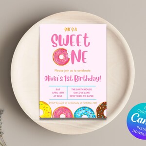 Sweet One Donut eerste verjaardagsuitnodiging | Bewerkbare 1e verjaardag meisje donut feestuitnodiging | Afdrukbare sjabloon | Direct downloaden