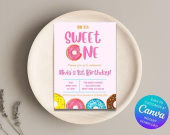 Donut 1st Birthday Invitation | Editable Template (Instant Download)