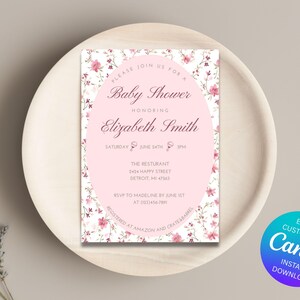 Pink Floral Baby Shower Invitation for Girl | Editable Template | Baby Girl Shower Invite | Printable Blush Boho Invite | Instant Download