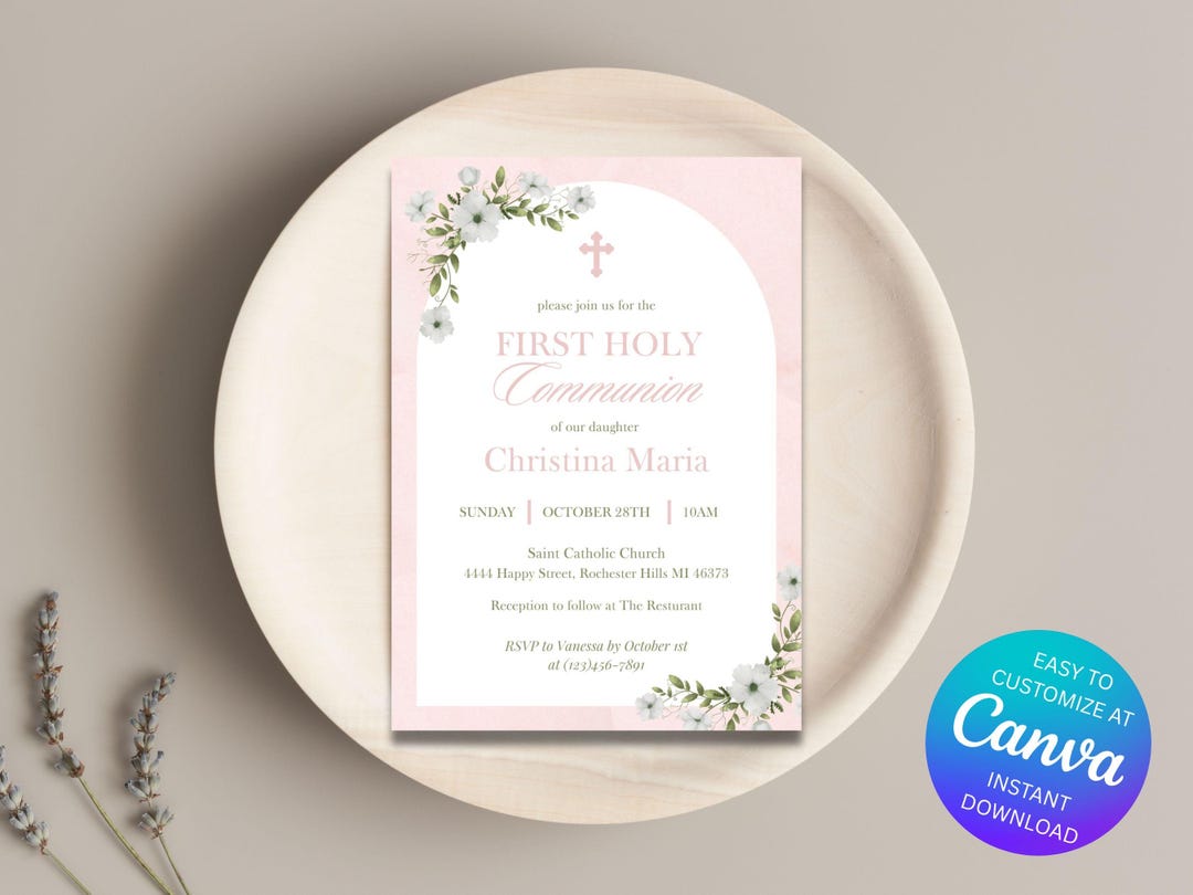 Pink Floral First Communion Invitation | Editable Template (instant ...