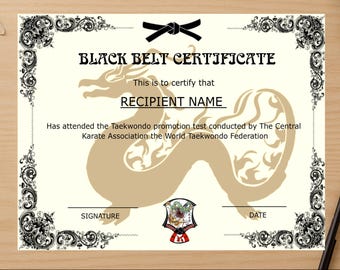 Editable Karate Black Belt Certificate Template: Dragon Martial Arts Award (PDF)