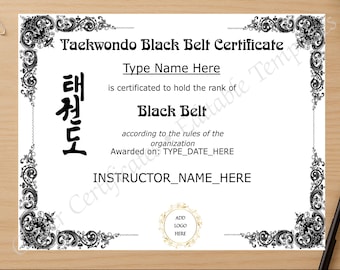 Taekwondo Black Belt Certificate Template: Editable, Printable Promotion Award (Digital Instant Download)