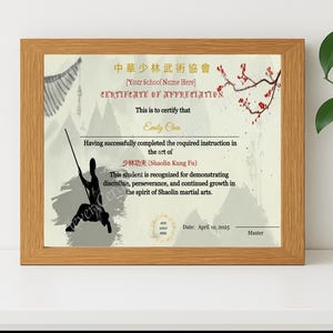 Kung Fu Black Belt Zertifikat, Shaolin Black Belt Zertifikat, bedruckbare Karate Black Belt Auszeichnung, bearbeitbares Shaolin Black Belt Zertifikat