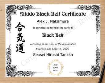 Aikido Black Belt Certificate: Editable Printable Award
