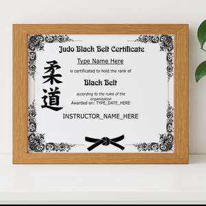 Judo Black Belt Zertifikatsvorlage - Bearbeitbarer Martial Arts Award, benutzerdefinierte druckbare Judo Belt Promotion Anerkennungsvorlage